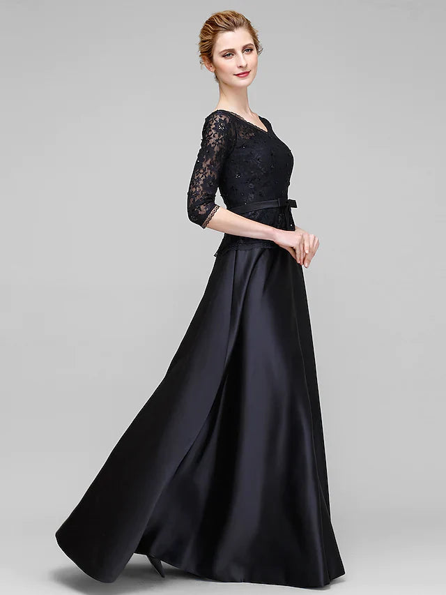 Wholesale A-Line Mother of the Bride Dress Open Back V Neck Floor Length Lace Satin Half Sleeve with Lace Bow(s)